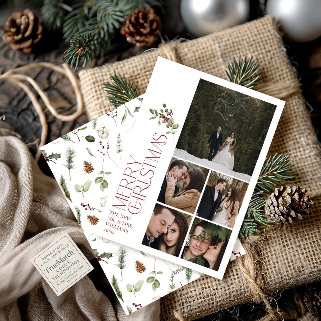 Modern Burgundy Merry Christmas Typography 5 Photo Holiday Card (Creator Uploaded)