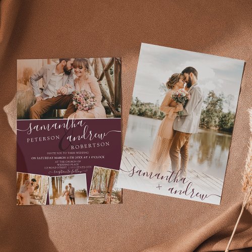Modern burgundy minimalist script photos wedding invitation