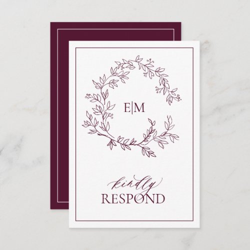 Modern Burgundy Monogram Wedding RSVP Card - We're loving this trendy, modern burgundy RSVP card! Simple, elegant, and oh-so-pretty, it features a hand drawn leafy wreath encircling a modern wedding monogram. It is personalized in elegant typography, and accented with hand-lettered calligraphy. Finally, it is trimmed in a delicate frame and the back of the card allows guests to indicate their intention to attend and entree selection.To remove meal choices, we have create a how-to video for you here: https://youtu.be/ZGpeldQgxoE  Veiw suite here: 
https://www.zazzle.com/collections/burgundy_leafy_crest_monogram_wedding-119160969675221295 Contact designer for matching products to complete the suite, OR for color variations of this design. Thank you sooo much for supporting our small business, we really appreciate it! 