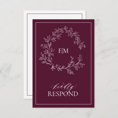 Modern Burgundy Monogram Wedding RSVP Card - We're loving this trendy, modern burgundy RSVP card! Simple, elegant, and oh-so-pretty, it features a hand drawn leafy wreath encircling a modern wedding monogram. It is personalized in elegant typography, and accented with hand-lettered calligraphy. Finally, it is trimmed in a delicate frame and the back of the card allows guests to indicate their intention to attend and entree selection.To remove meal choices, we have create a how-to video for you here: https://youtu.be/ZGpeldQgxoE  Veiw suite here: 
https://www.zazzle.com/collections/burgundy_leafy_crest_monogram_wedding-119160969675221295 Contact designer for matching products to complete the suite, OR for color variations of this design. Thank you sooo much for supporting our small business, we really appreciate it! 