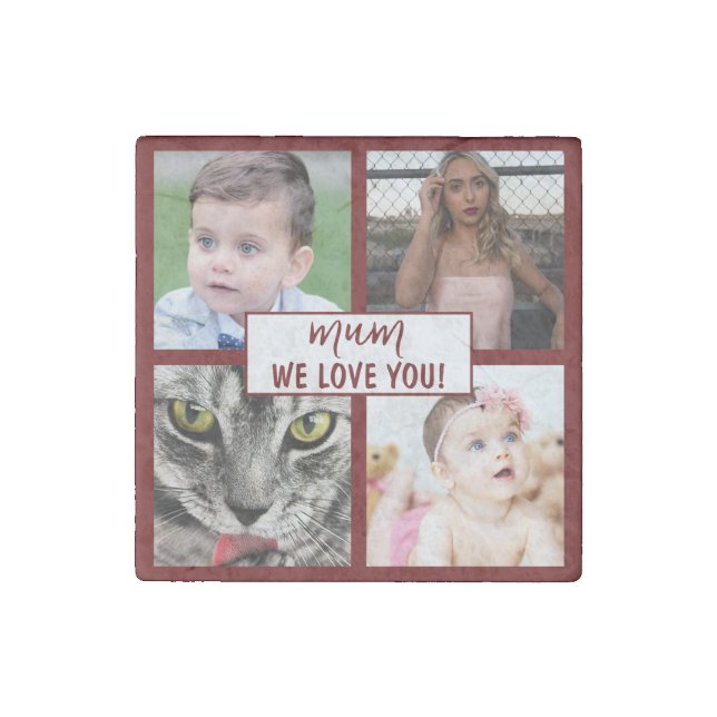Modern Burgundy Mum We Love You Photo Collage Stone Magnet (Front)