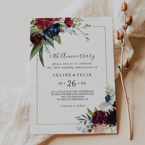 Modern Burgundy Navy 50th Wedding Anniversary Invitation