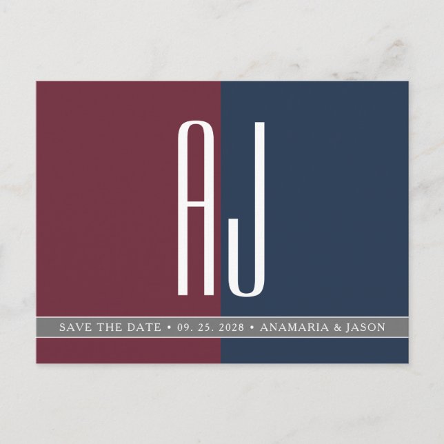 Modern Burgundy Navy Blue Wedding Save The Date Announcement Postcard (Front)