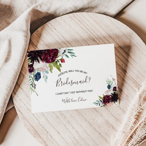 Modern Burgundy Navy Blush Floral Bridesmaid Invitation Postcard