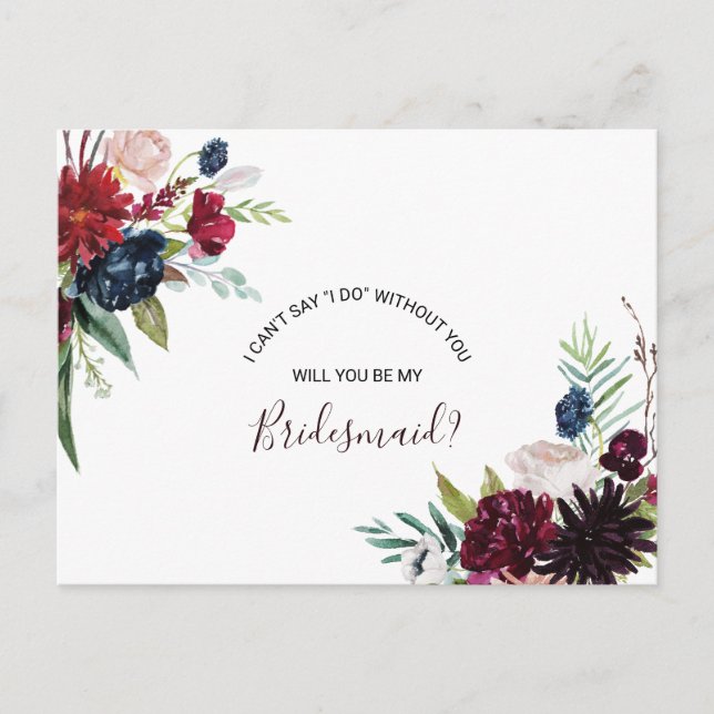 Modern Burgundy Navy Blush Floral Bridesmaid Invitation Postcard (Front)