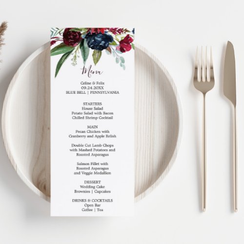 Modern Burgundy Navy Blush Floral Dinner Menu Card