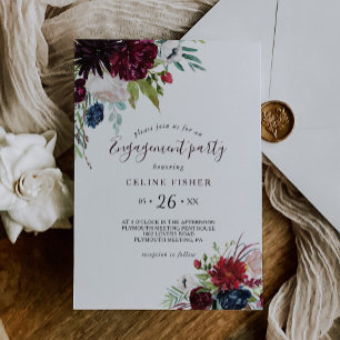 Modern Burgundy Navy Blush Floral Engagement Party Invitation