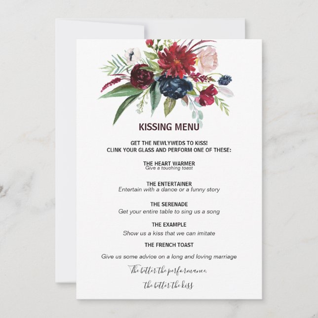 Modern Burgundy Navy Blush Floral Kissing Menu (Front)