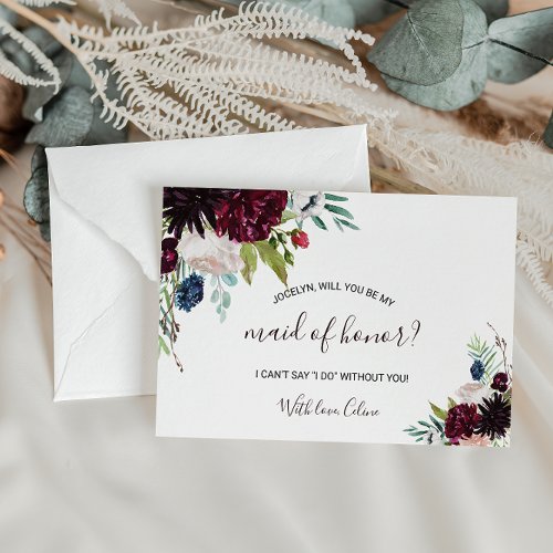 Modern Burgundy Navy Blush Floral Maid of Honor Invitation Postcard