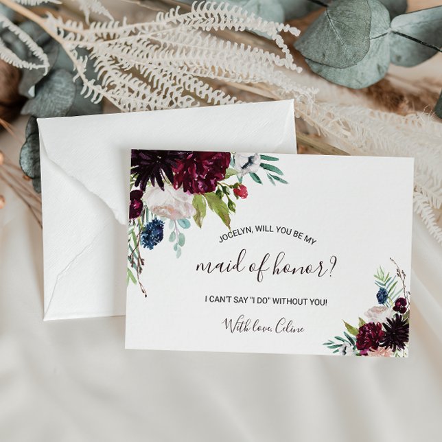 Modern Burgundy Navy Blush Floral Maid of Honor Invitation Postcard (Creator Uploaded)
