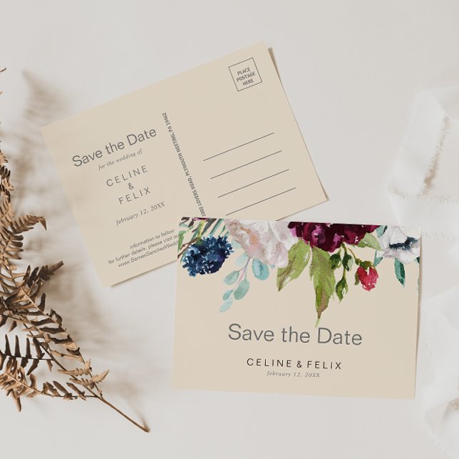 Modern Burgundy Navy Blush Floral Save the Date Po Postcard (Creator Uploaded)