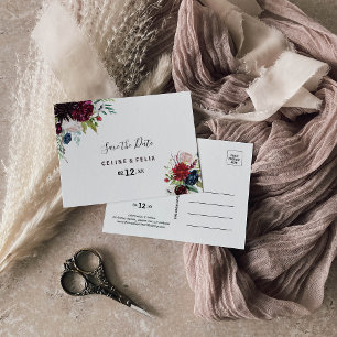 Modern Burgundy Navy Blush Floral Save the Date Postcard