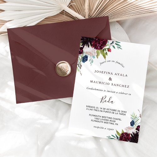 Modern Burgundy Navy Blush Floral Spanish Wedding Invitation