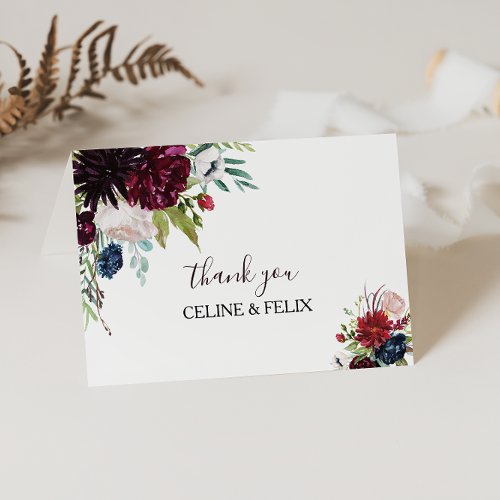 Modern Burgundy Navy Blush Floral Thank You Card