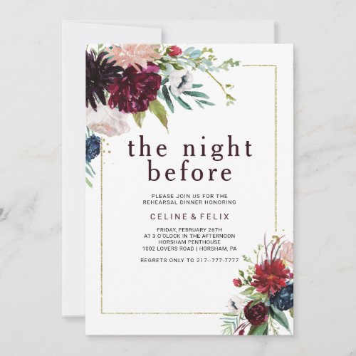 Modern Burgundy Navy Blush Floral The Night Before Invitation