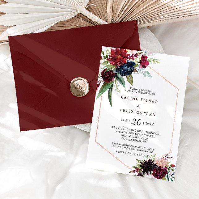 Modern Burgundy Navy Blush Floral Wedding Invitation (Creator Uploaded)