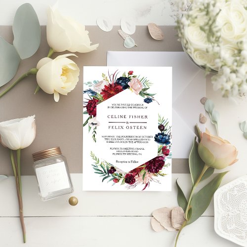 Modern Burgundy Navy Blush Floral wedding Invitation