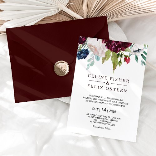 Modern Burgundy Navy Blush Floral Wedding Invitation