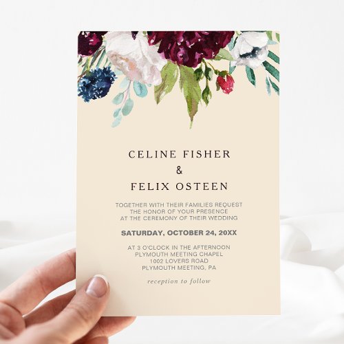 Modern Burgundy Navy Blush Floral Wedding Invitation
