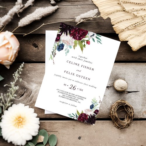 Modern Burgundy Navy Blush Floral Wedding Invitation