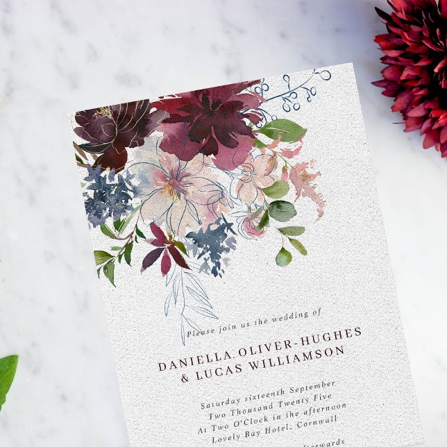 Modern Burgundy Navy & Blush Floral Wedding Invitation (Creator Uploaded)