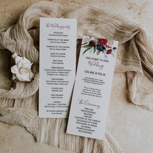 Modern Burgundy Navy Blush Floral Wedding Program (Creator Uploaded)