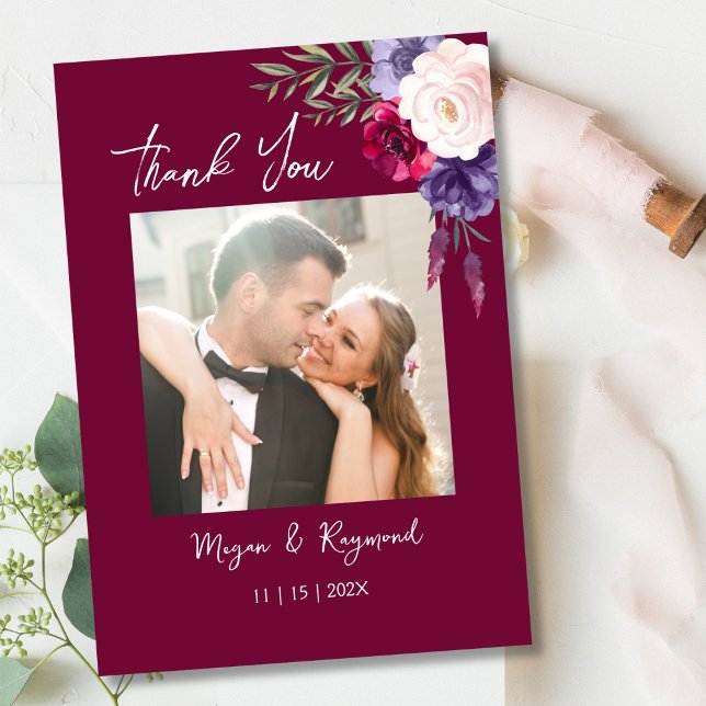 Modern Burgundy Navy Blush Floral Wedding Thank You Card (Creator Uploaded)