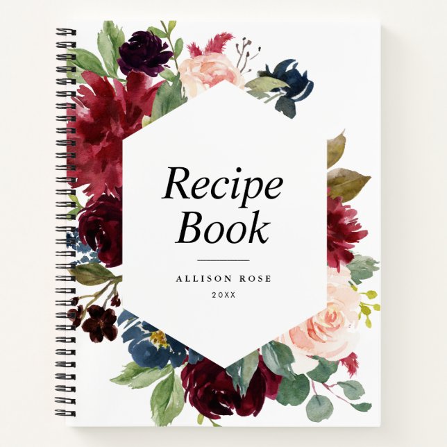 Modern burgundy navy floral frame Recipe Book (Front)