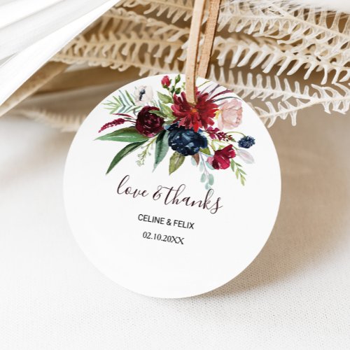 Modern Burgundy Navy Floral Love  Thanks Wedding Classic Round Sticker