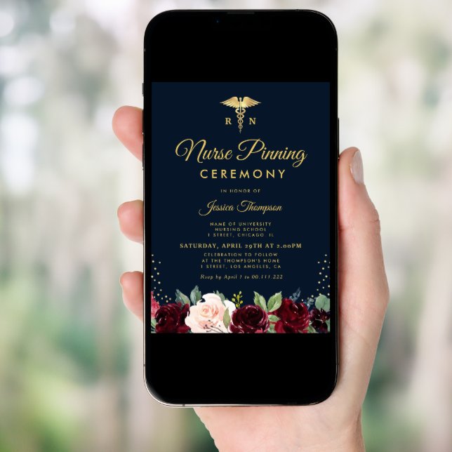 Modern burgundy navy floral Nurse pinning ceremony Invitation (Front Digital)