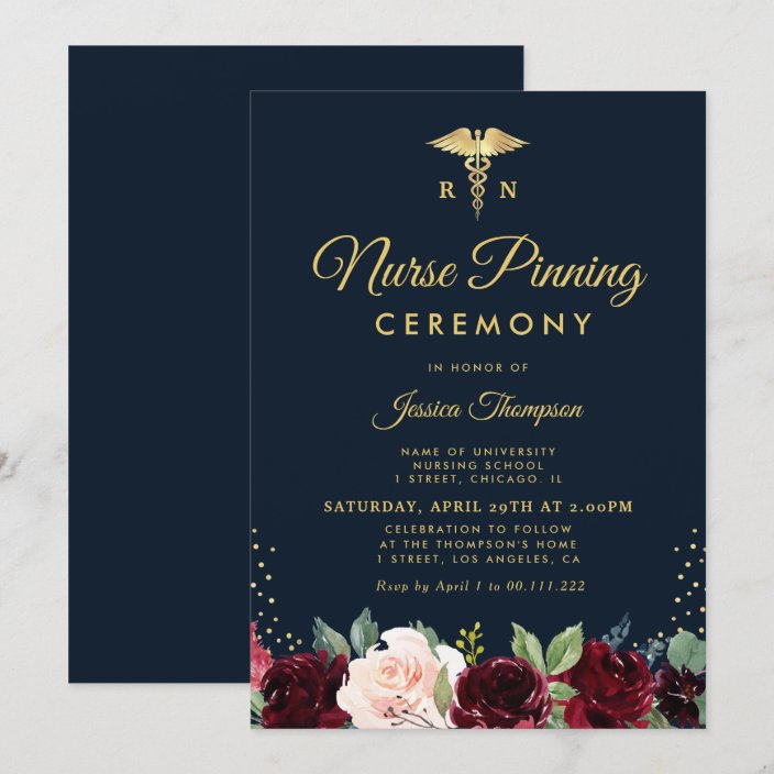 Modern burgundy navy floral Nurse pinning ceremony Invitation
