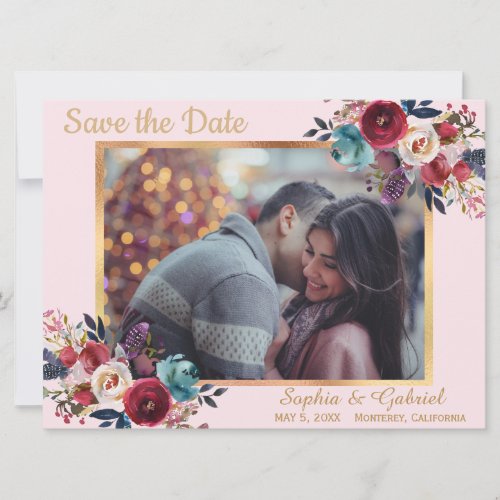 Modern Burgundy Navy Floral on Pink Save the Date