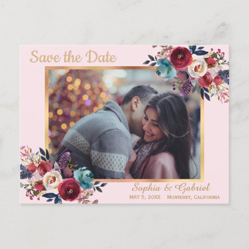 Modern Burgundy Navy Floral on Pink Save the Date Announcement Postcard