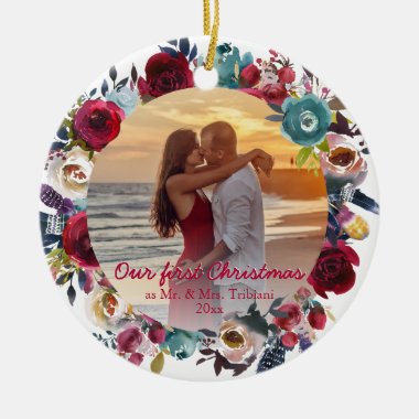 Modern Burgundy Navy Floral Our First Christmas Ceramic Ornament