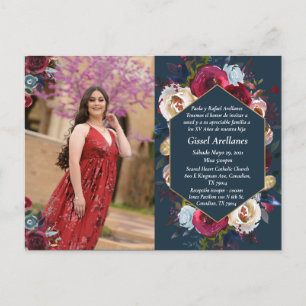 Modern Burgundy Navy Floral Photo Save the Date An Announcement Postcard