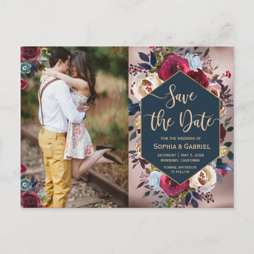 Modern Burgundy Navy Floral Photo Save the Date Announcement Postcard