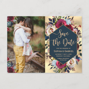 Modern Burgundy Navy Floral Photo Save the Date Announcement Postcard