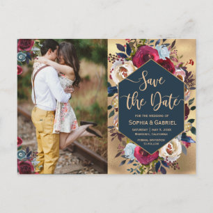 Modern Burgundy Navy Floral Photo Save the Date Announcement Postcard