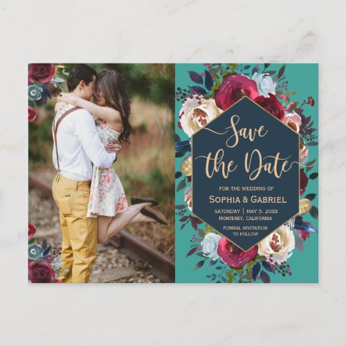 Modern Burgundy Navy Floral Photo Save the Date Announcement Postcard