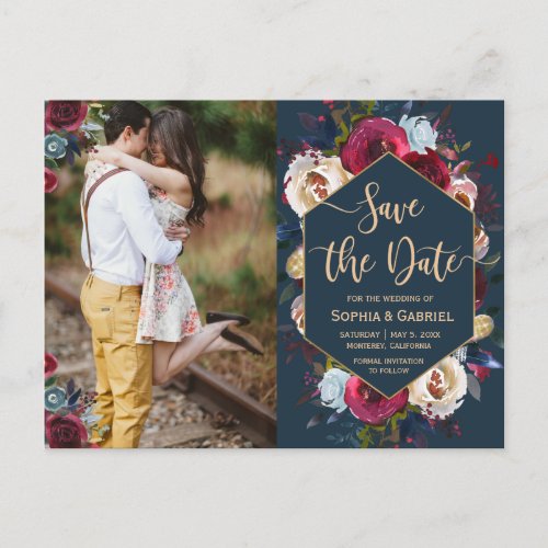 Modern Burgundy Navy Floral Photo Save the Date Announcement Postcard