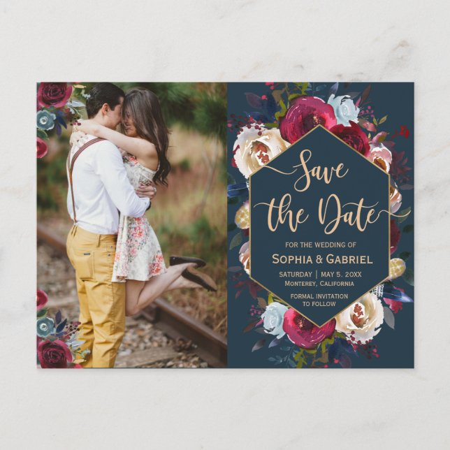 Modern Burgundy Navy Floral Photo Save the Date Announcement Postcard (Front)