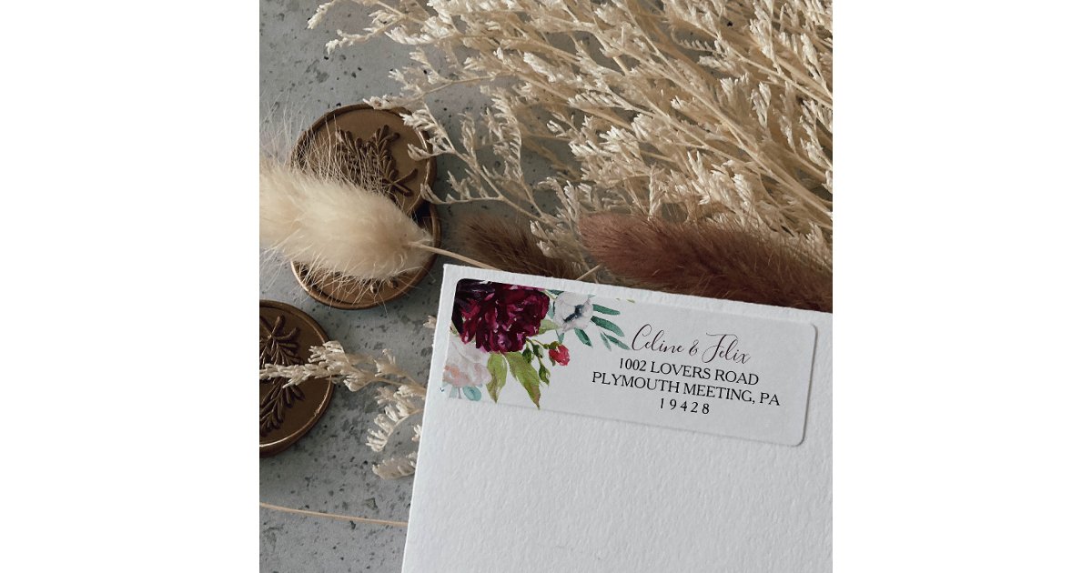 Modern Burgundy Navy Floral Return Address Label | Zazzle