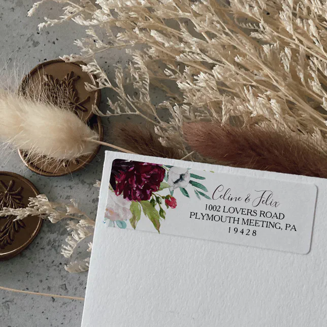Modern Burgundy Navy Floral Return Address Label | Zazzle