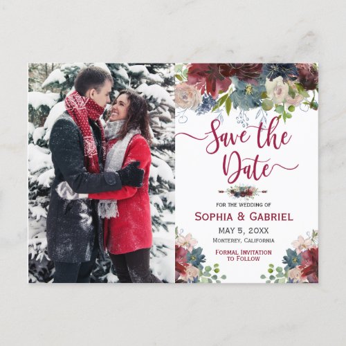 Modern Burgundy Navy Floral Save the Date Photo Announcement Postcard