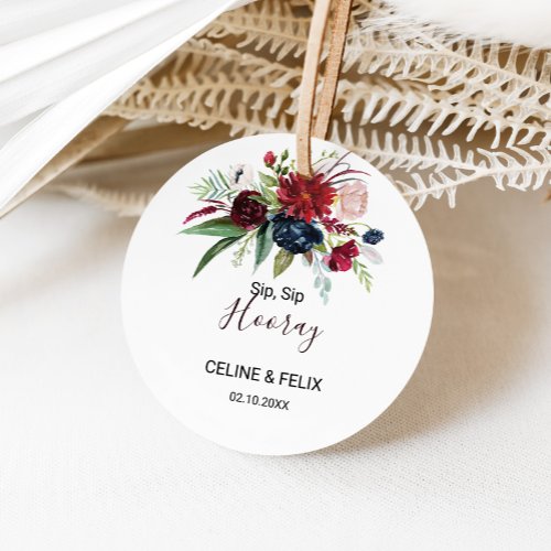 Modern Burgundy Navy Floral Sip Sip Hooray Wedding Classic Round Sticker