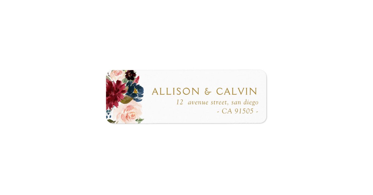 Modern burgundy navy floral wedding address label | Zazzle