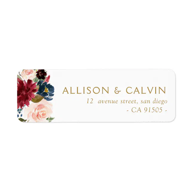Modern burgundy navy floral wedding address label | Zazzle