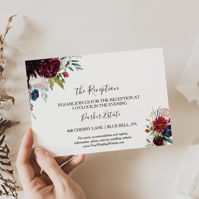 Modern Burgundy Navy Floral Wedding Reception Card (Creator Uploaded)