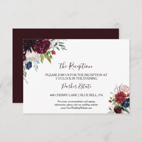 Modern Burgundy Navy Floral Wedding Reception Card
