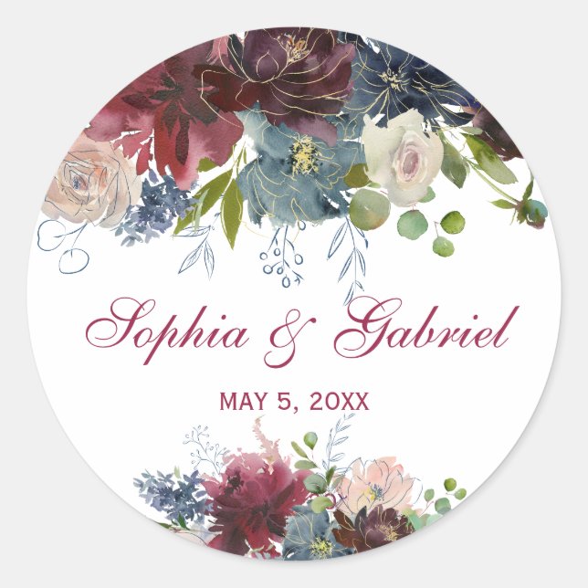 Modern Burgundy Navy Floral Wedding sticker (Front)